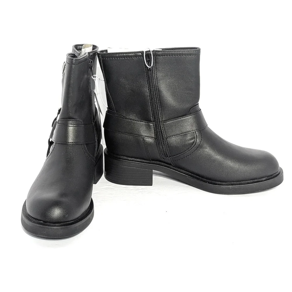 Black Moto Harness Ankle Boot 11 Buckle Strap Biker Western Side Zip Chunky Heel - Picture 4 of 6